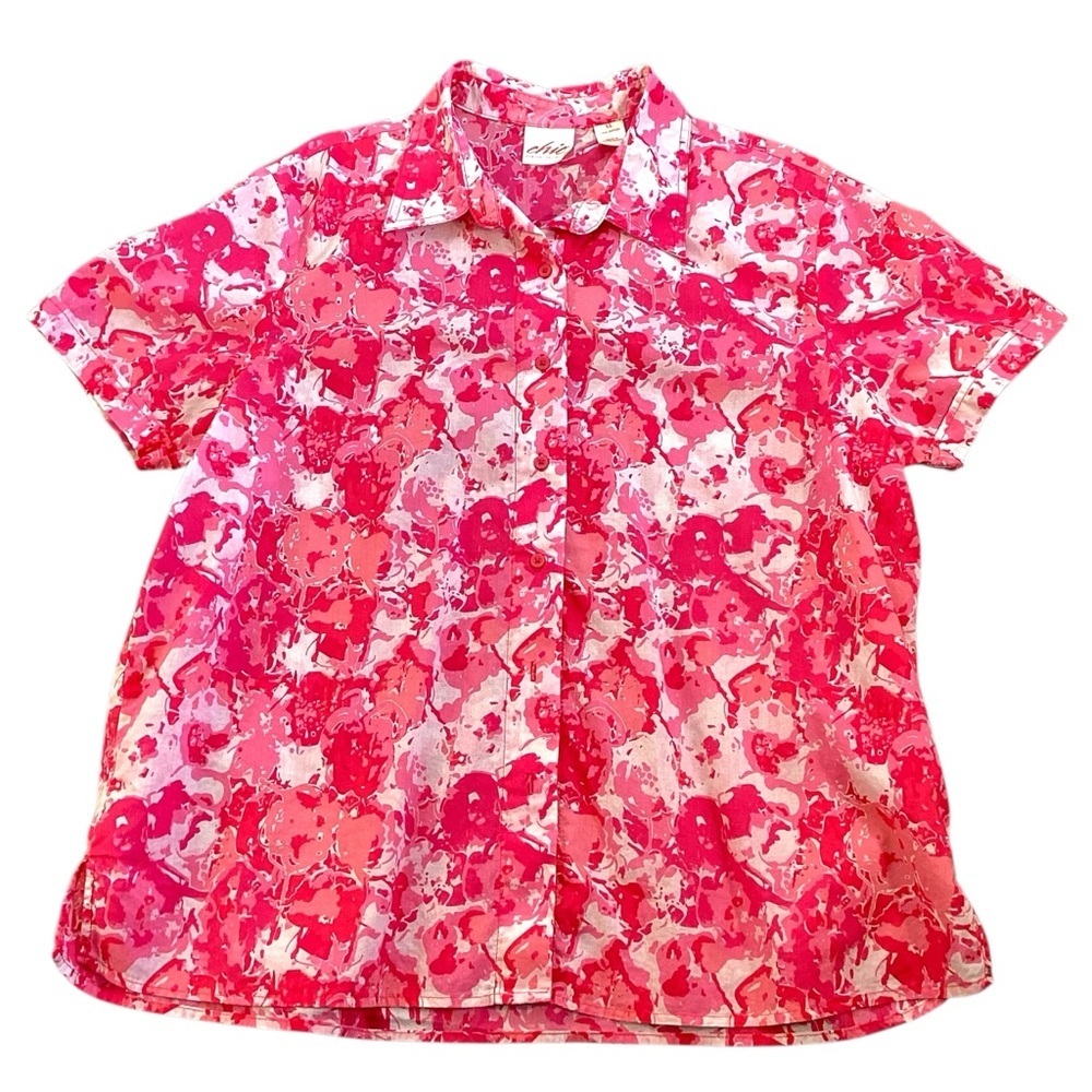 CHIC Comfort Collection Pink Floral Camp Shirt Cotton Short Sleeve Size XL